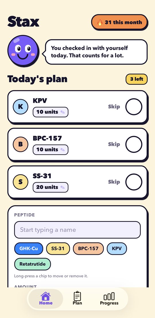 Stax home screen showing today's plan with three peptides left to log